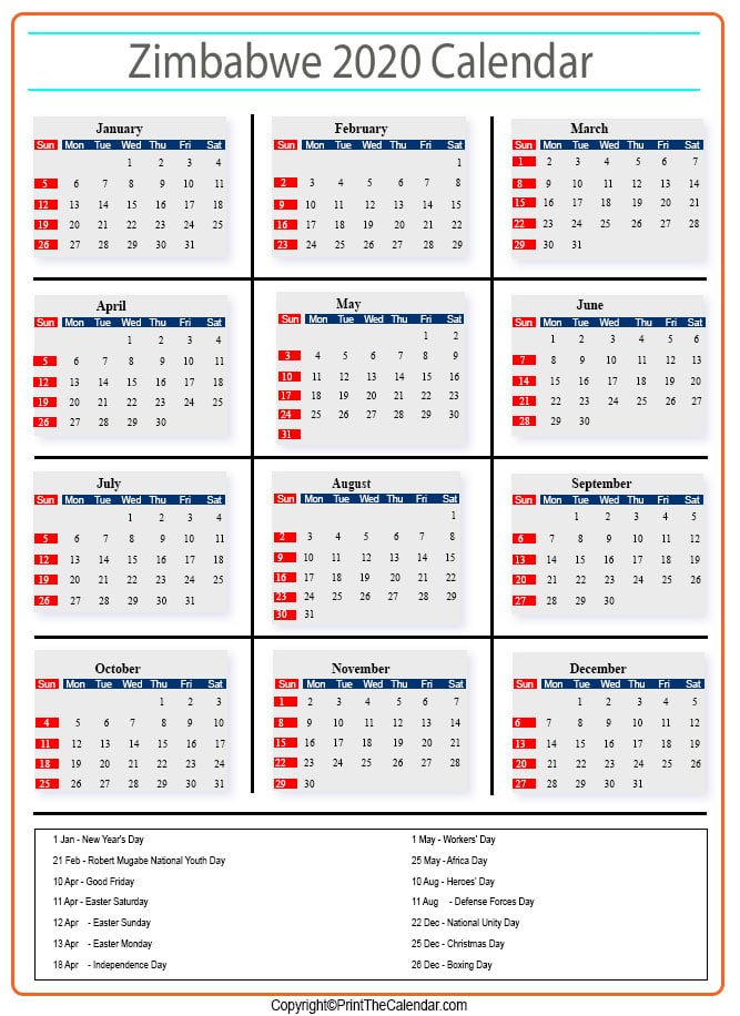 Zimbabwe Calendar 2020